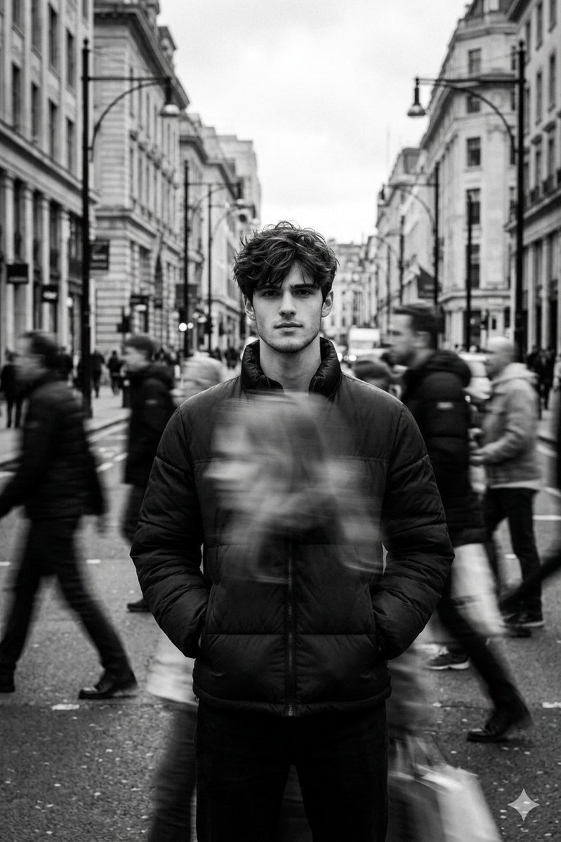 Black and White Cinematic Street Portrait with Motion Blur