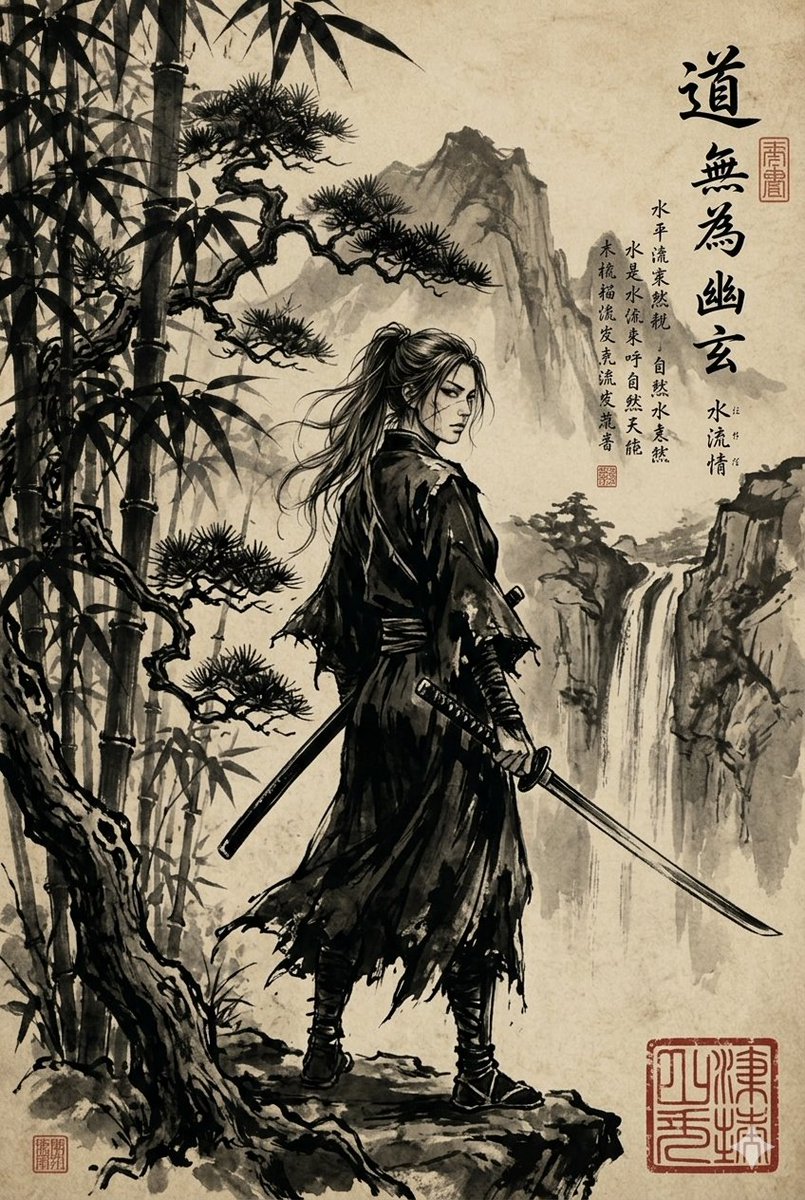 Ink-Wash Samurai Landscape