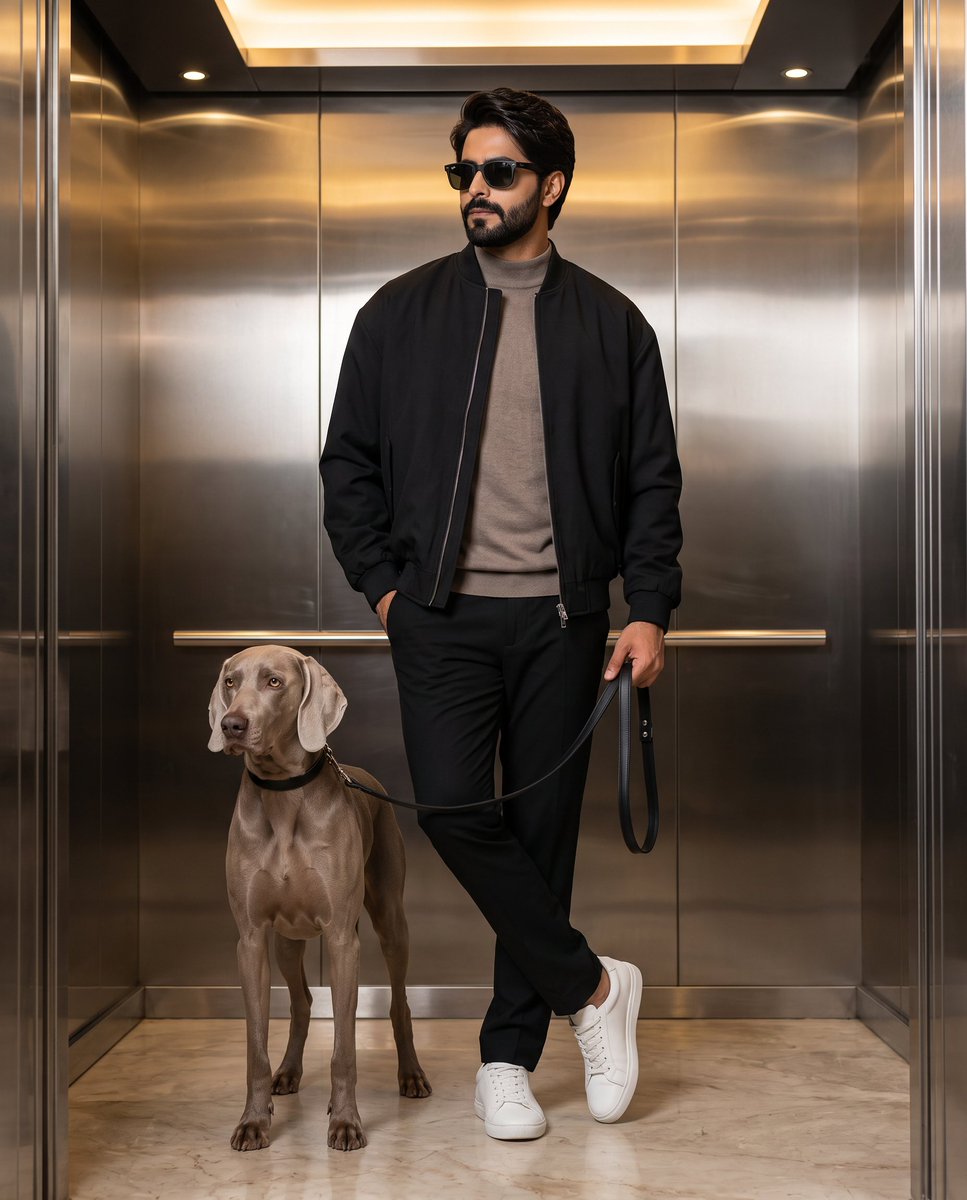 Stylish Man with Weimaraner in Modern Elevator