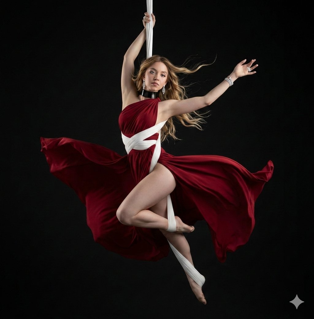 Dramatic Aerial Silk Artist in Red Dress