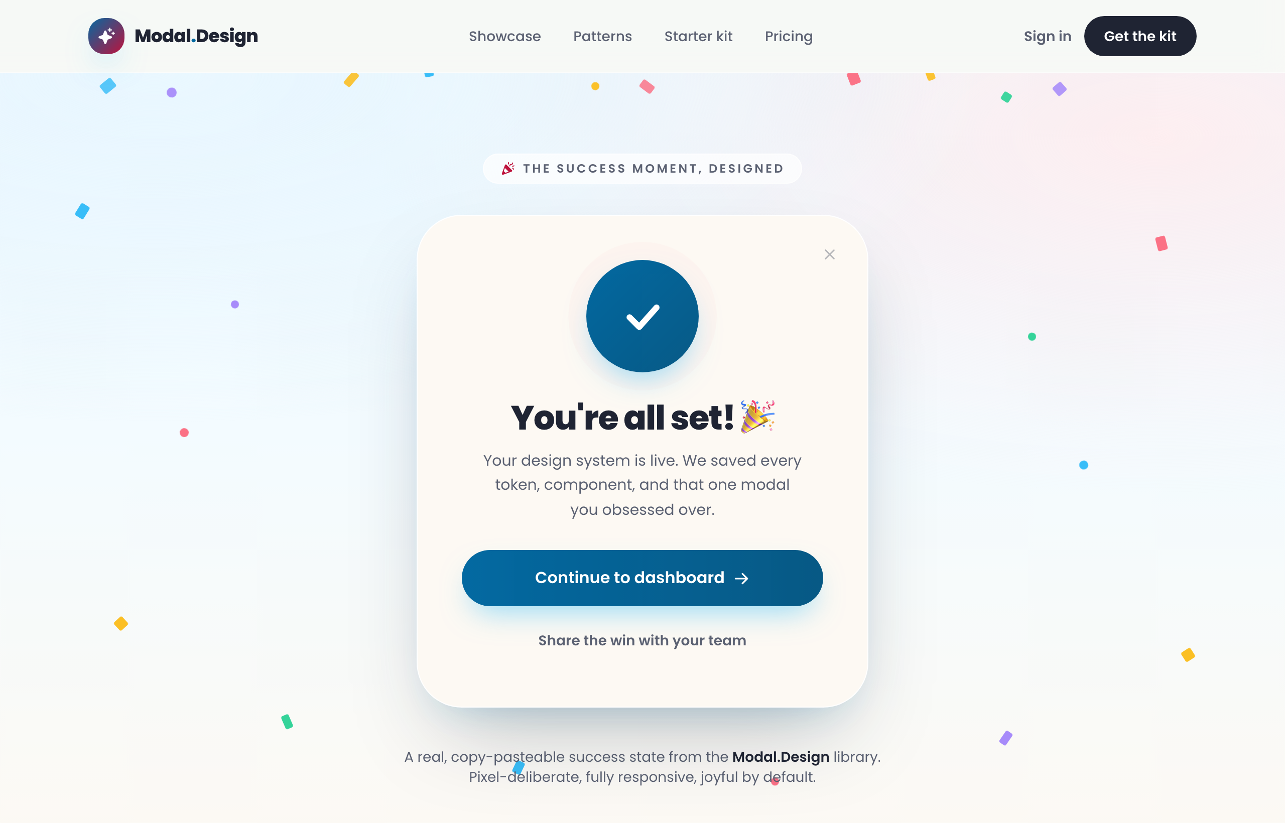 Modal Design · success-celebration (pastel) — legibility fixed