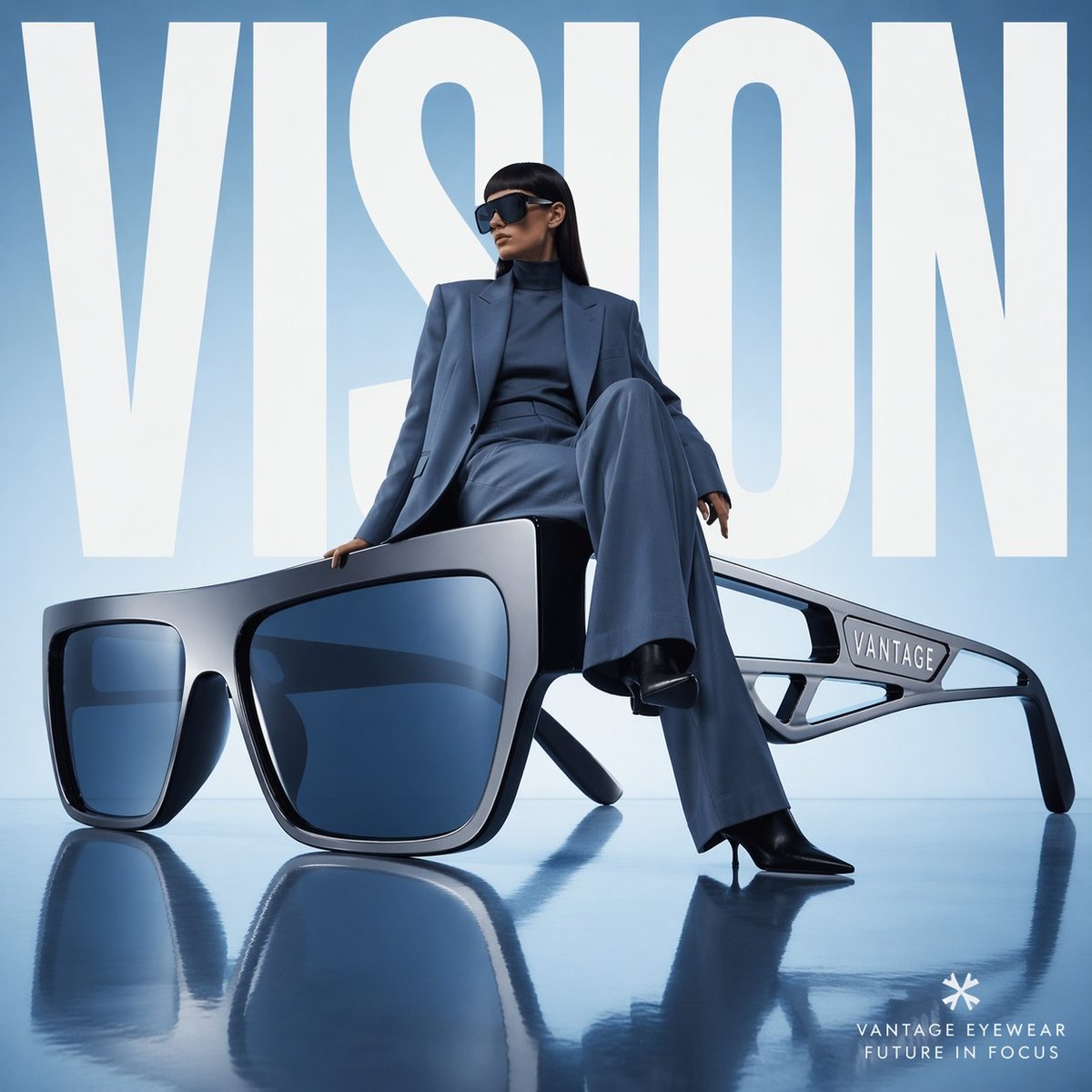 Avant-garde fashion advertisement, oversized futuristic sunglasses