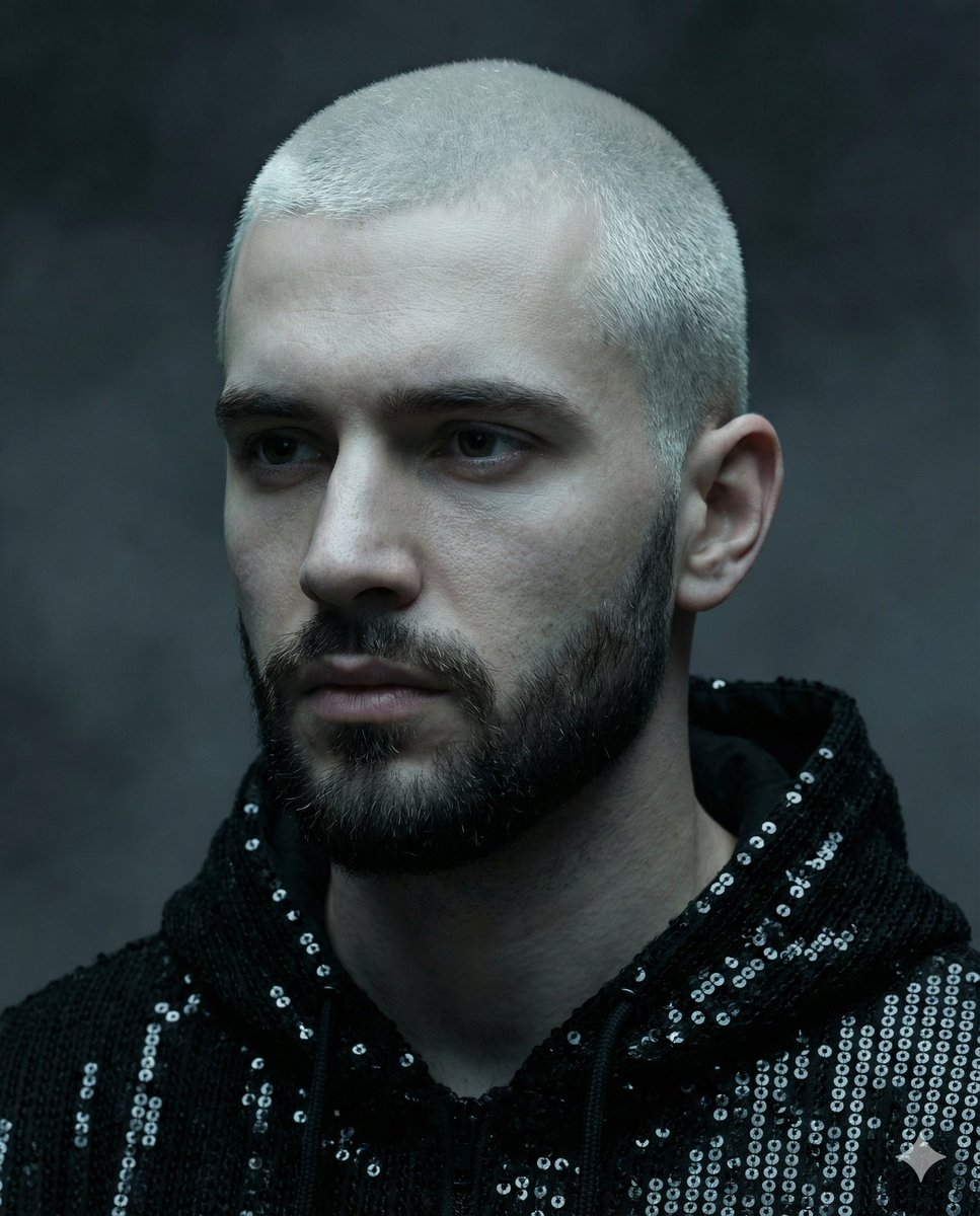 Hyper-realistic portrait of a young man with platinum buzz cut