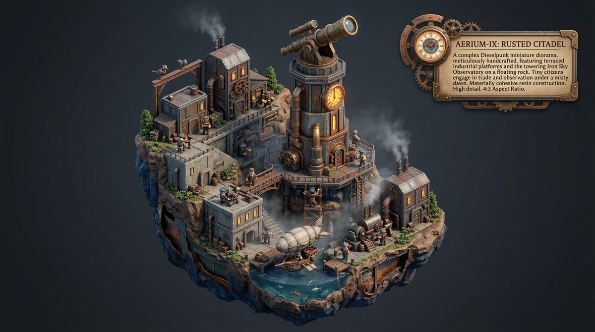 Procedural Whimsical Mono-Punk Floating Miniature Diorama Prompt
