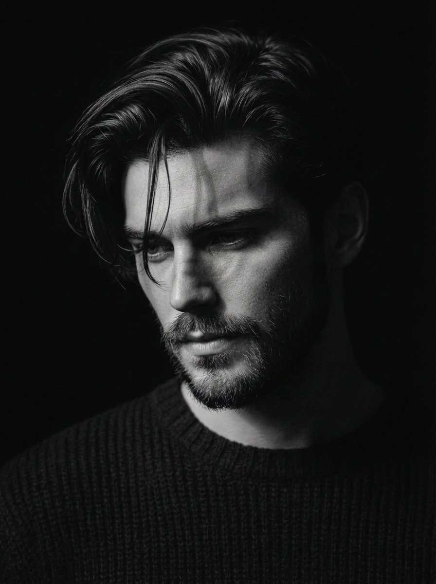 Black and White Pensive Portrait with Single Light Beam