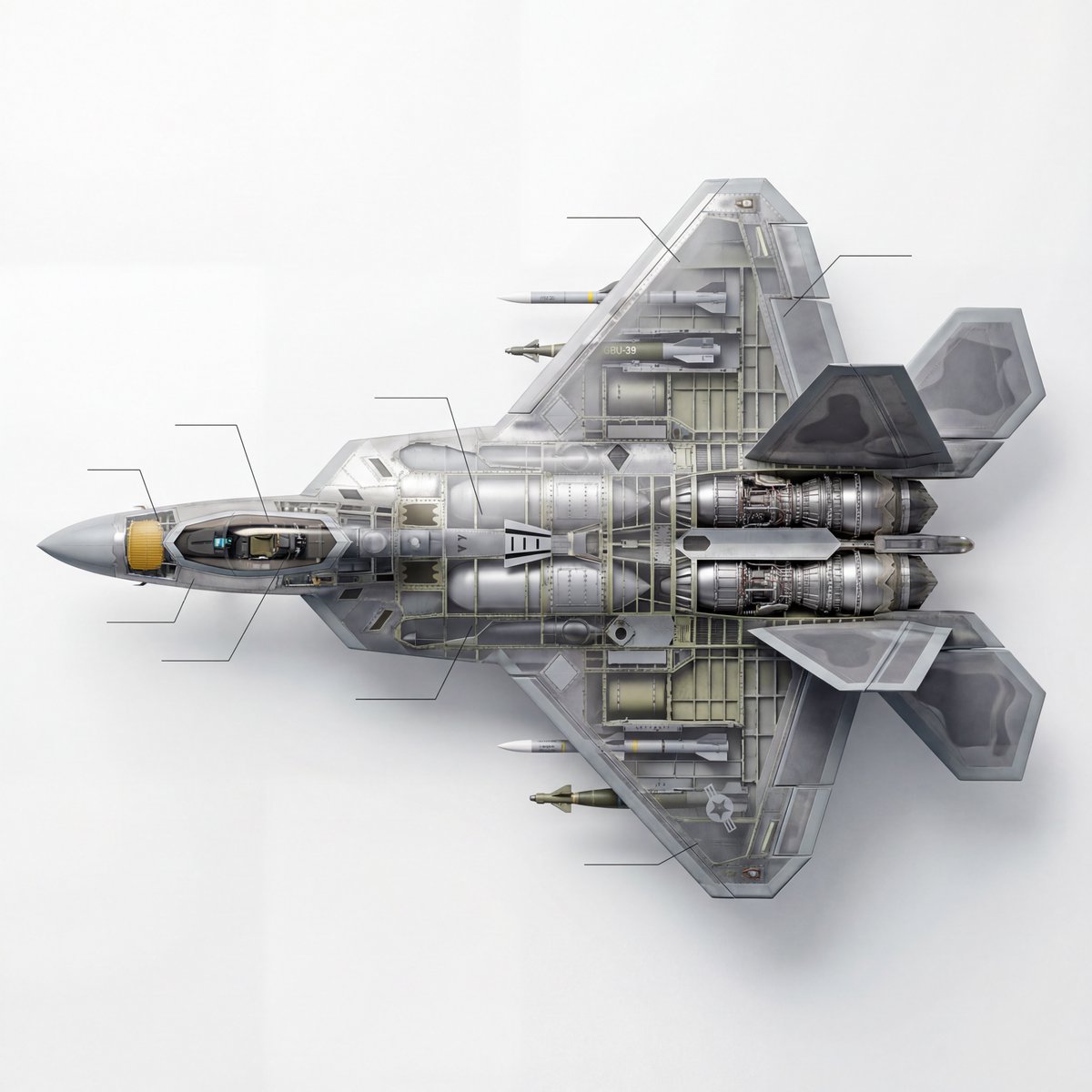 Cutaway infographic of a 5th generation stealth fighter jet