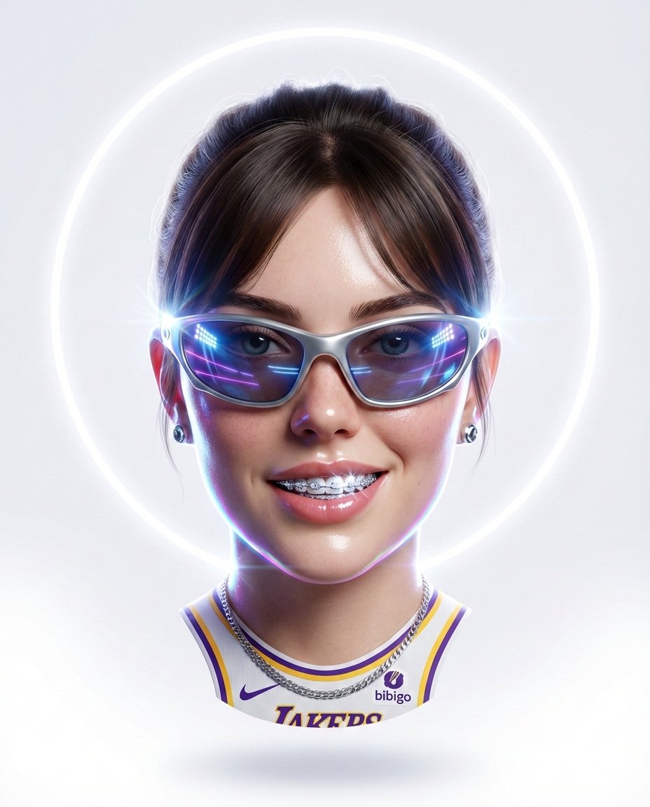 Hyper-stylized dynamic 3D floating head portrait of the attached