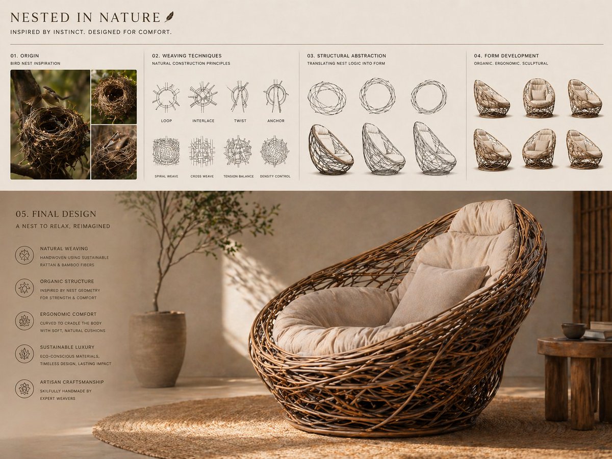 Conceptual transformation, bird nest construction techniques shaping