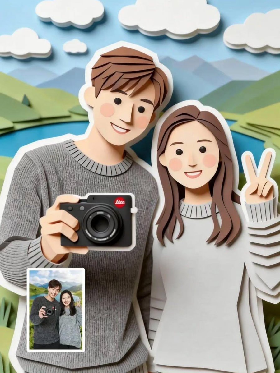 Cute Paper-Cut Style Couple Selfie Illustration