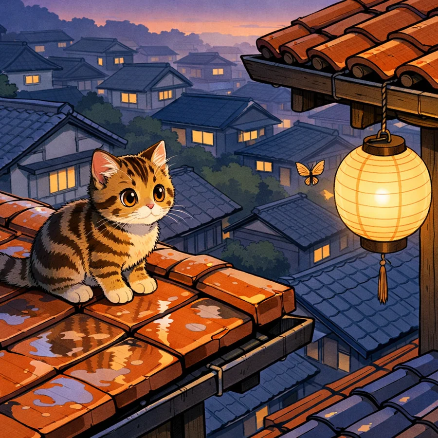 Tabby Kitten on Rain-Wet Rooftop