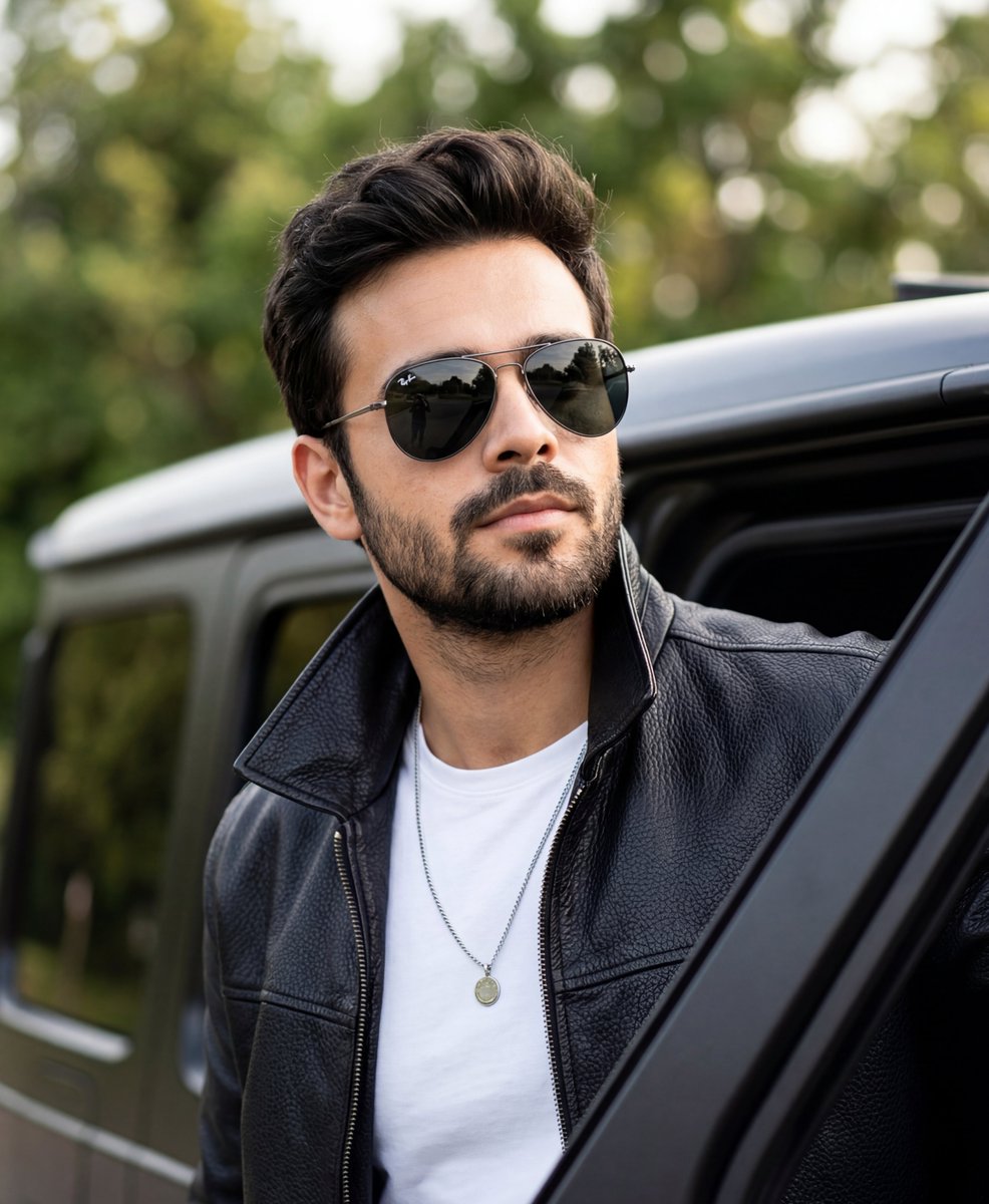 Cinematic Portrait of Man in Leather Jacket and Sunglasses