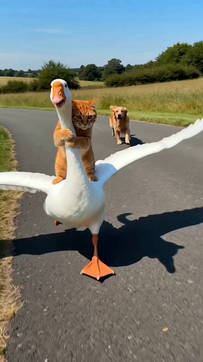 Comical Goose and Cat Chase Video Prompt