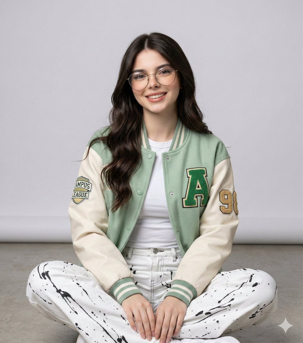 Studio Portrait of a Woman in Varsity Jacket and Splatter Pants