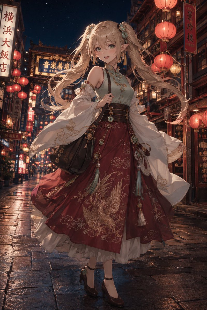女孩动漫插画夜景街头优雅