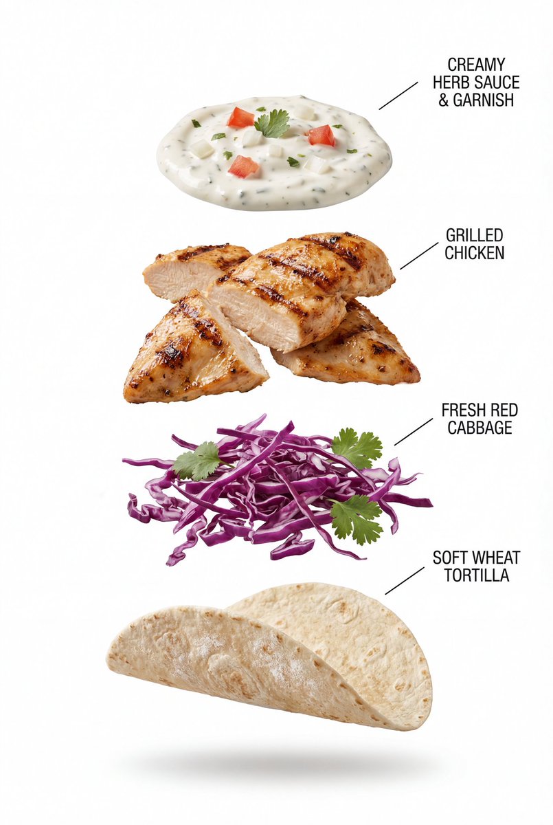 Exploded View Grilled Chicken Taco Product Photography