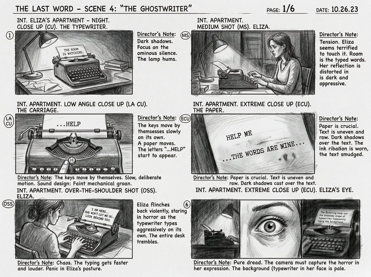 Six-Panel Cinematic Storyboard Sketch